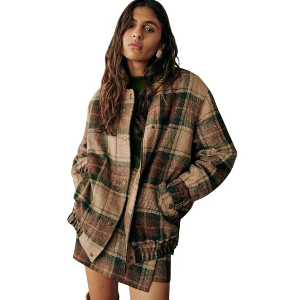 Sezane Brown and Green Plaid Bomber Jacket